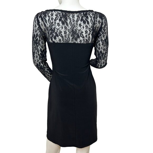 Chaps Black Lace- Trimmed Mini Dress S Petite Sheath Long Sleeve Cocktail Party - Picture 3 of 13
